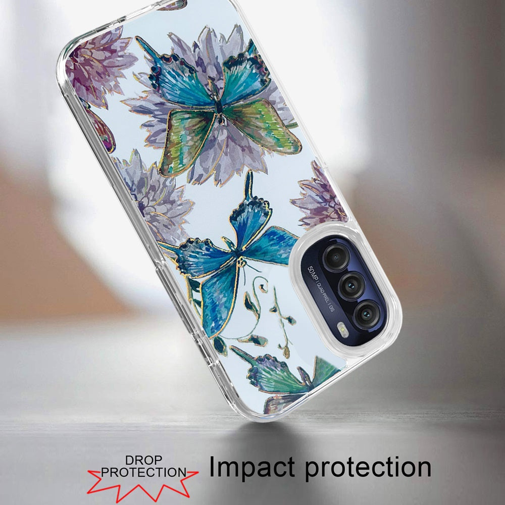 For Motorola Moto G 5G 2022 Stylish Gold Layer Design Hybrid Rubber TPU Hard PC Shockproof Armor Rugged Slim Fit Butterfly Floral Phone Case Cover