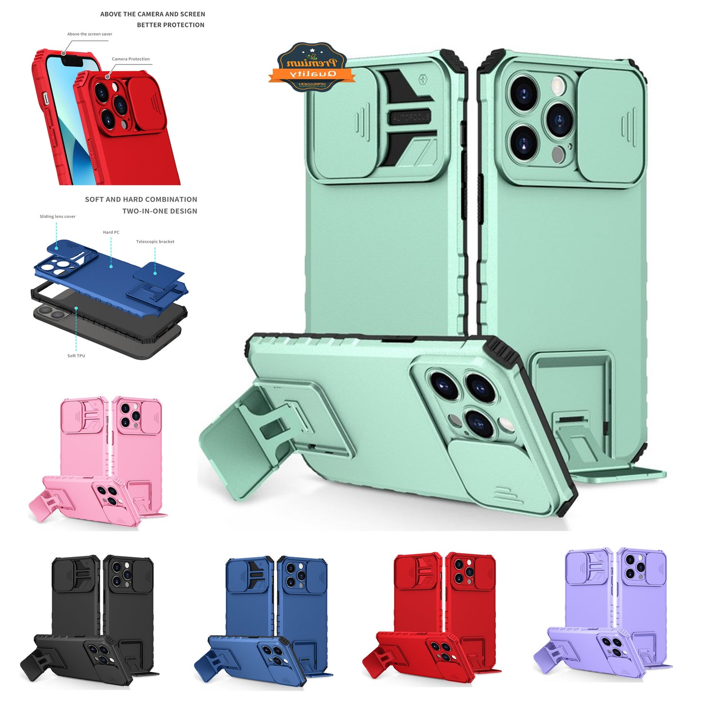 For Apple iPhone 14 /Pro Max Hybrid Hard TPU Rubber Shockproof with Vertical Kickstand & Camera Cover Protection  Phone Case Cover