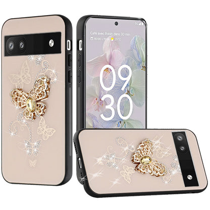 For Google Pixel 6A Diamonds Bling Sparkly Glitter 3D Ornaments Engraving Hybrid with Ring Stand Holder Fashion  Phone Case Cover