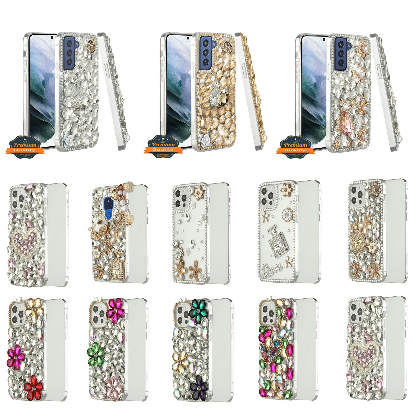 For Samsung Galaxy S22+ Plus Bling Crystal 3D Full Diamond Luxury Sparkle Rhinestone Hybrid Bumper Protective  Phone Case Cover