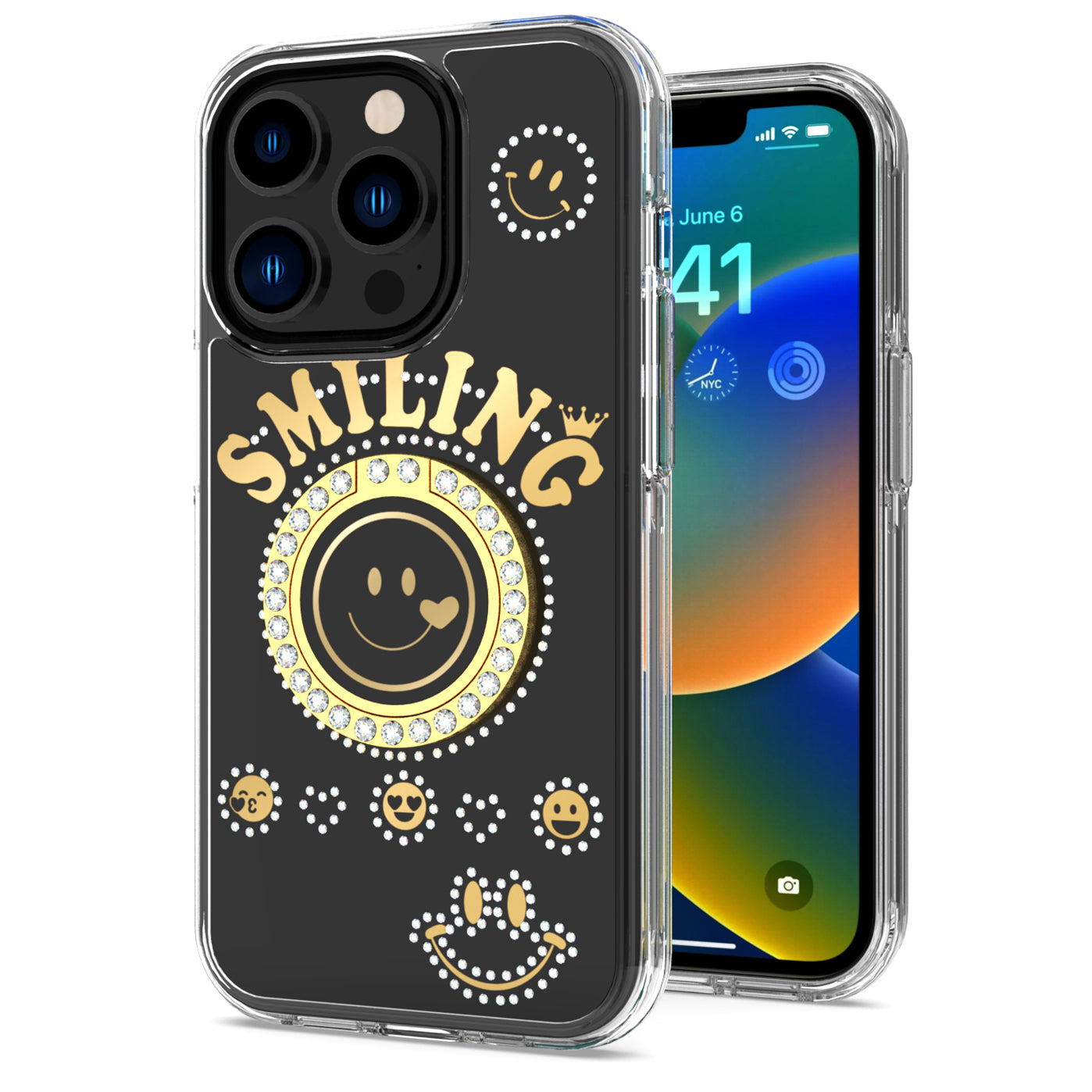 For Samsung Galaxy A53 5G Smiling Glitter Ornament Bling Sparkle with Ring Stand Hybrid Slim TPU + Hard Back Shell  Phone Case Cover