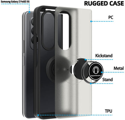 For Samsung Galaxy Z Fold 3 5G Finger Ring Stand Holder Kickstand Hybrid Frosted Matte Silicone TPU Hard PC Frame Shock-Absorption  Phone Case Cover