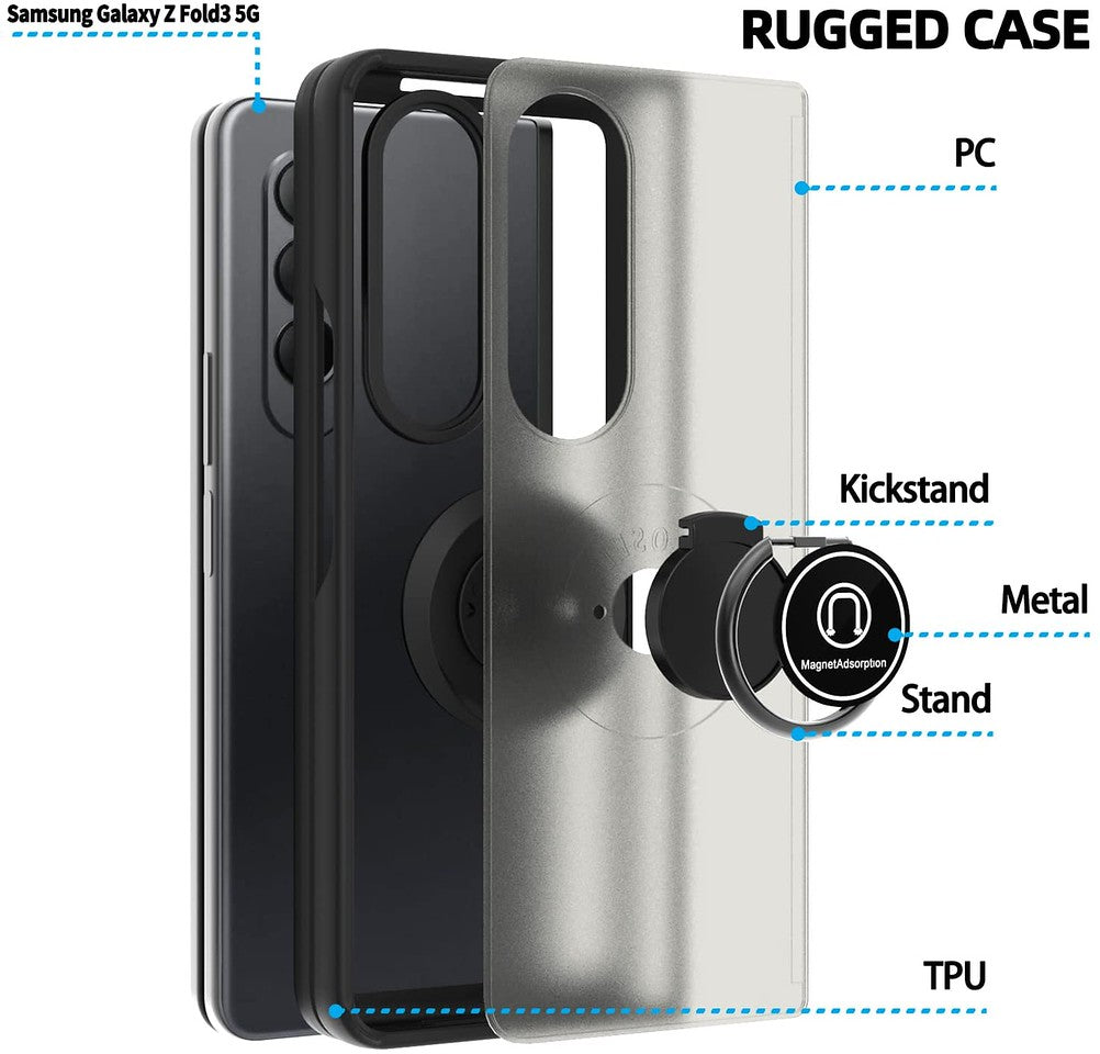 For Samsung Galaxy Z Fold 4 5G Finger Ring Stand Holder Kickstand Hybrid Frosted Matte TPU Hard PC Shock-Absorption  Phone Case Cover