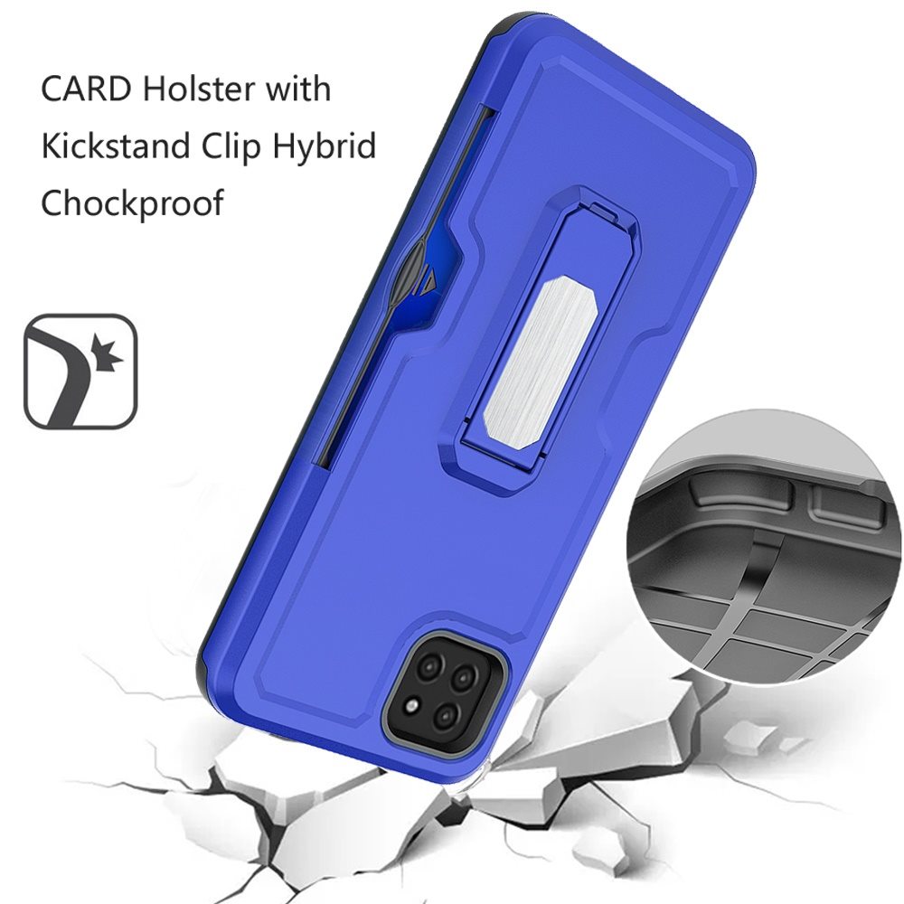 For Boost Mobile Celero 5G Armor Belt Clip with Credit Card Holder, Holster, Kickstand Protective Full Body Heavy Duty Hybrid Blue Phone Case Cover