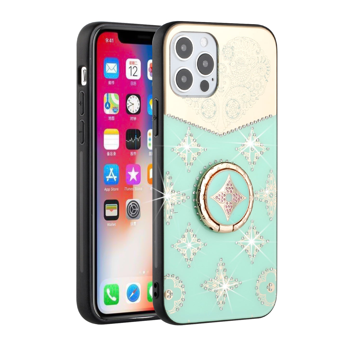 For Apple iPhone 13 Pro (6.1") Diamond Bling Sparkly Glitter Ornaments Engraving Hybrid Armor with Ring Stand Holder Rugged Fashion  Phone Case Cover