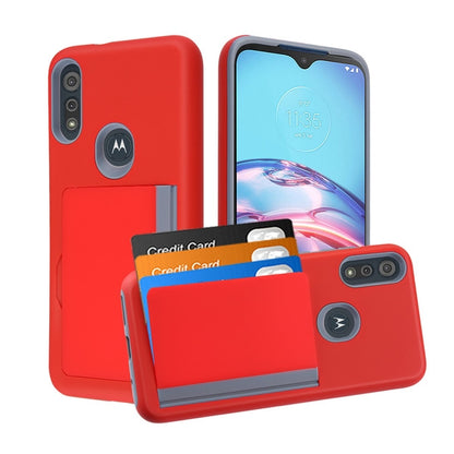 For Motorola Moto E /Moto E7 (2020) Credit Card Wallet Back Storage Invisible Pocket Dual Layer Hard PC TPU Hybrid Red Phone Case Cover