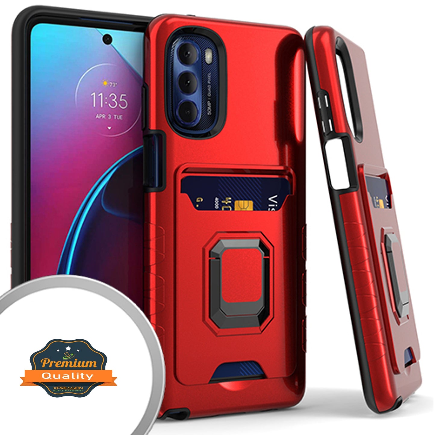 For Motorola Moto G 5G 2022 Wallet Credit Card Slot Holder with Metal Ring Kickstand Heavy Duty Shockproof Hybrid Stand  Phone Case Cover