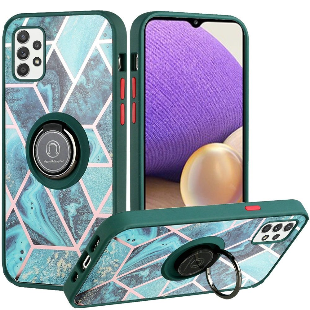 For Apple iPhone 14 (6.1") Unique Marble Design with Magnetic Ring Kickstand Holder Hybrid TPU Hard PC Shockproof  Phone Case Cover