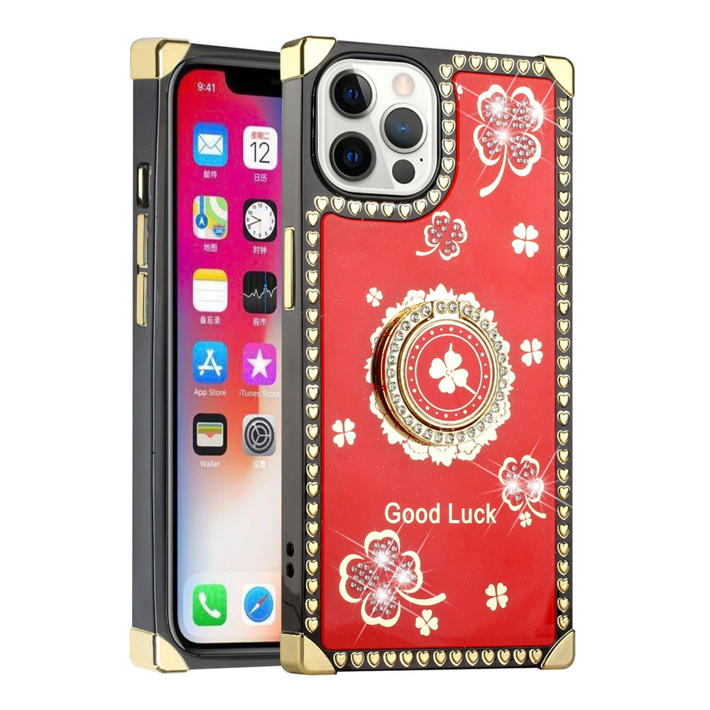 For Apple iPhone 12 /12 Pro (6.1") Fashion Square Hearts Diamond Bling Sparkly Glitter Ornaments with Ring Stand  Phone Case Cover