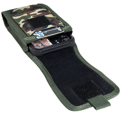 Universal Vertical Nylon Cell Phone Holster Case with Dual Credit Card Slots, Belt Clip Pouch and Belt Loop for Apple iPhone Samsung Galaxy LG Moto All Mobile phones Size 7" Universal Nylon [Green Camo]