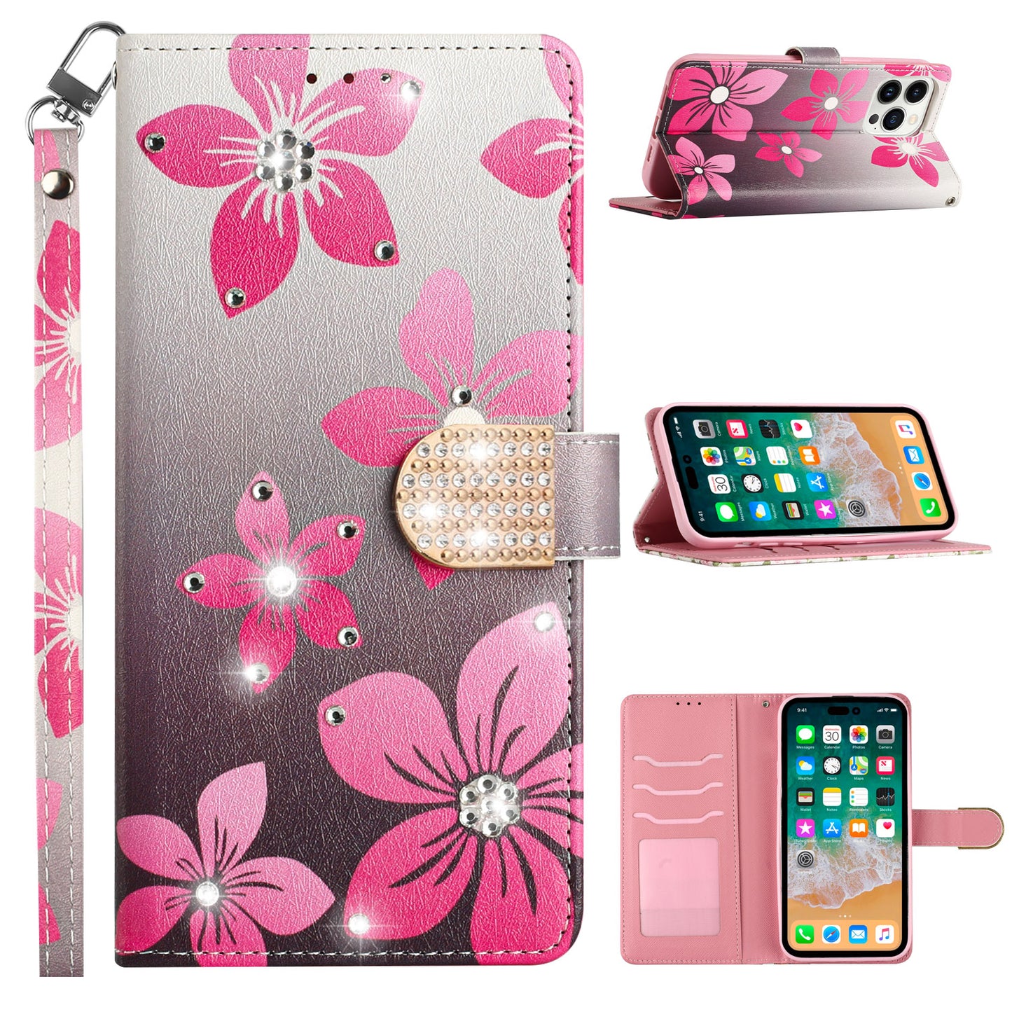 For T-Mobile Revvl 6 Pro 5G /Revvl 6 5G Fashion Diamond Bling Design Wallet Pouch Card Slots PU Leather With Lanyard  Phone Case Cover