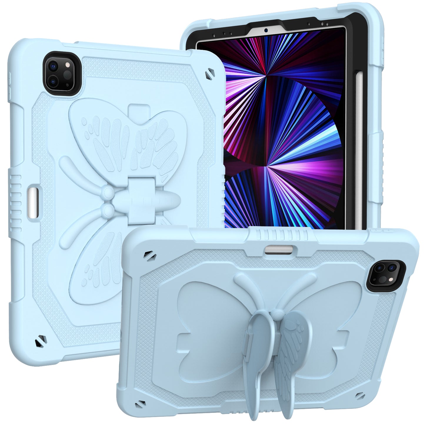 Case for Apple iPad Air 4 / iPad Air 5 / iPad Pro (11 inch) Butterfly Wings Kickstand 3in1 Tough Hybrid with Pencil Holder Heavy Duty Rugged Shockproof Full Protective Light Blue Tablet Cover