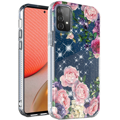 For Samsung Galaxy A72 5G Slim Hybrid Shiny Glitter Clear Floral Pattern Bloom Flower Design TPU Gel Hard PC Back  Phone Case Cover