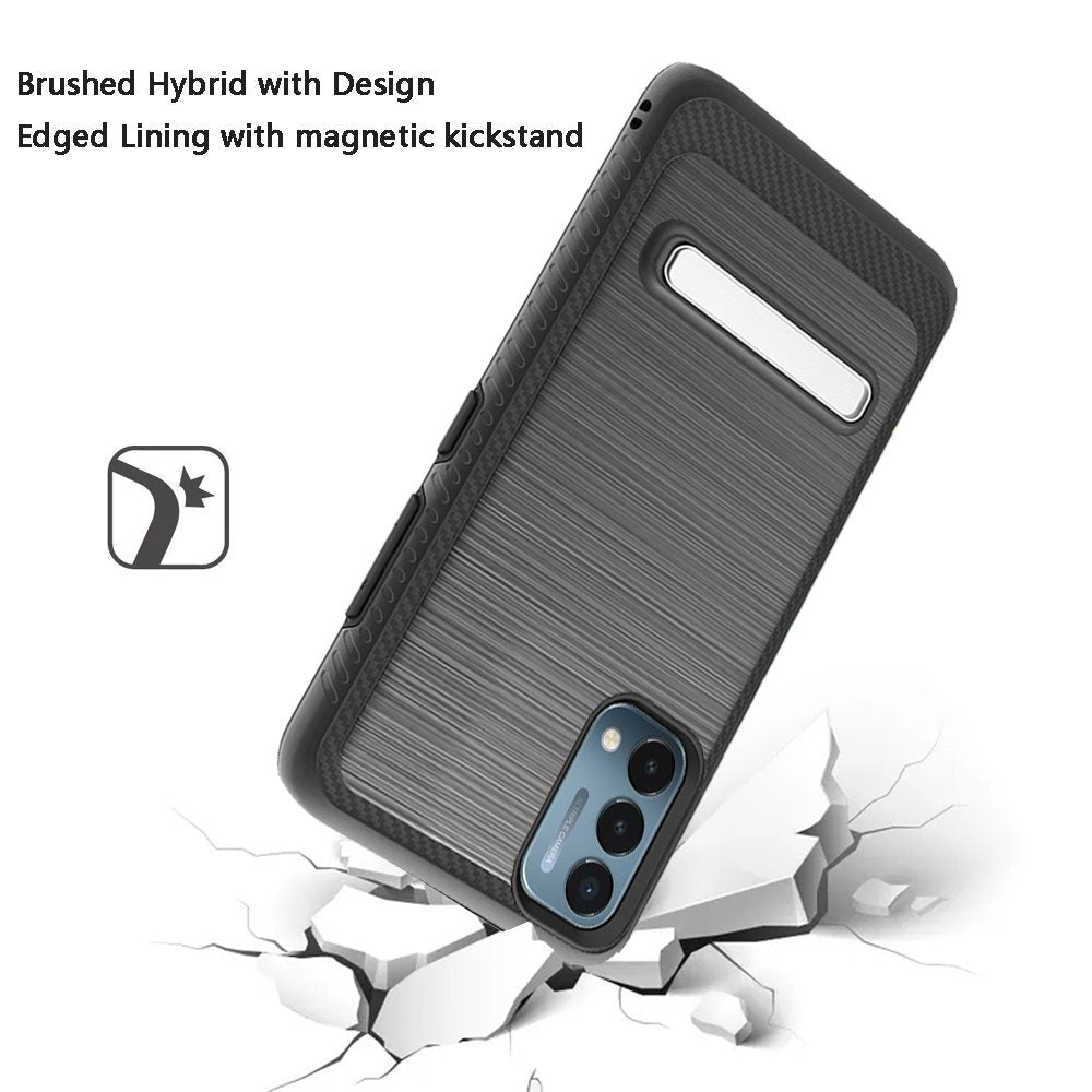 For OnePlus Nord N200 5G Brushed Hybrid Shock-Absorption Armor Edged Carbon Fiber with Metal Kickstand Rugged Texture  Phone Case Cover