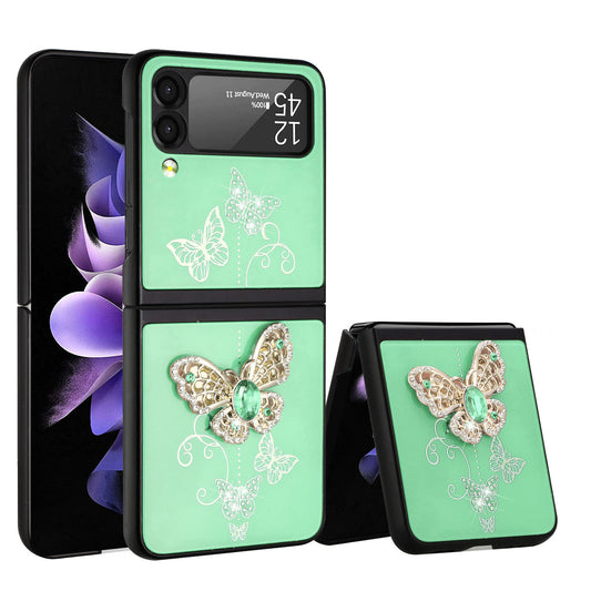 For Samsung Galaxy Z Flip 4 5G 3D Diamond Bling Sparkly Glitter Ornaments Engraving Hybrid Metal Fashion Teal Garden Butterflies Phone Case Cover