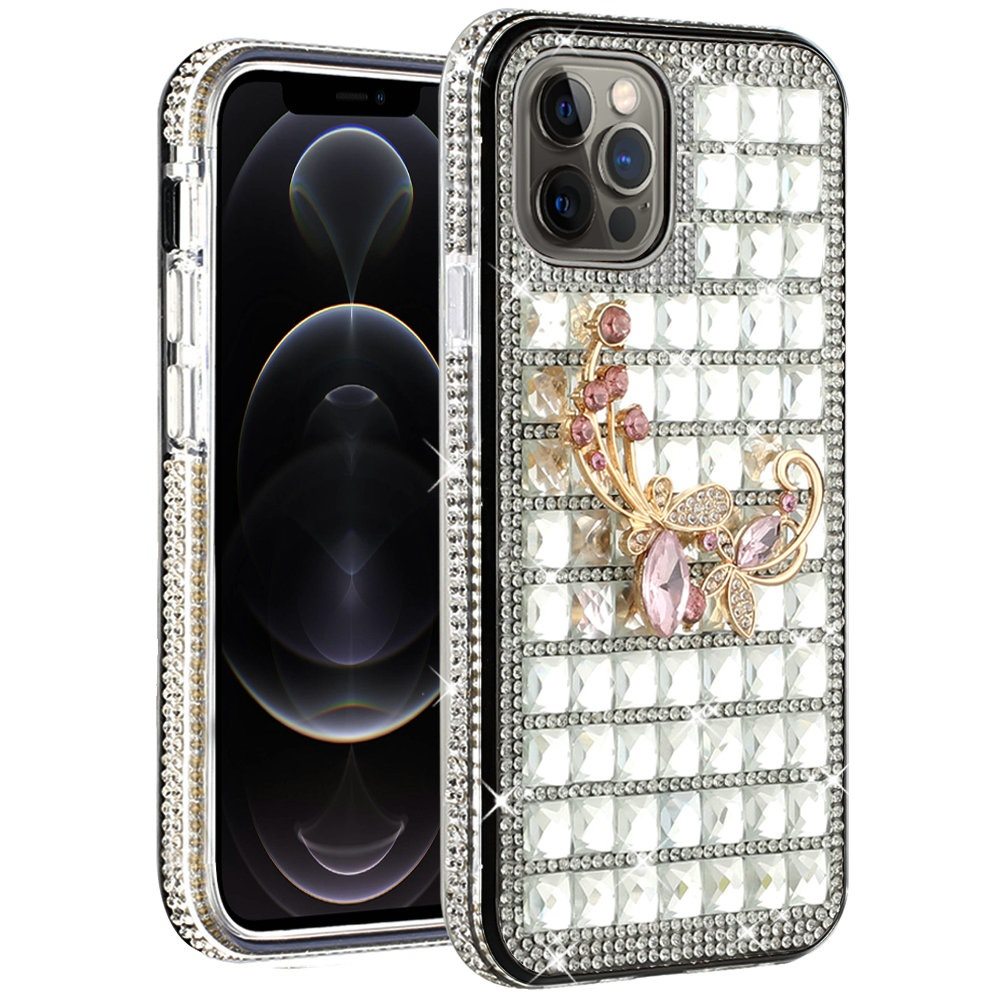 For Apple iPhone 12 Pro Max (6.7") Fashion Luxury 3D Bling Diamonds Rhinestone Jeweled Ornament Shiny Crystal Hybrid Hard  Phone Case Cover