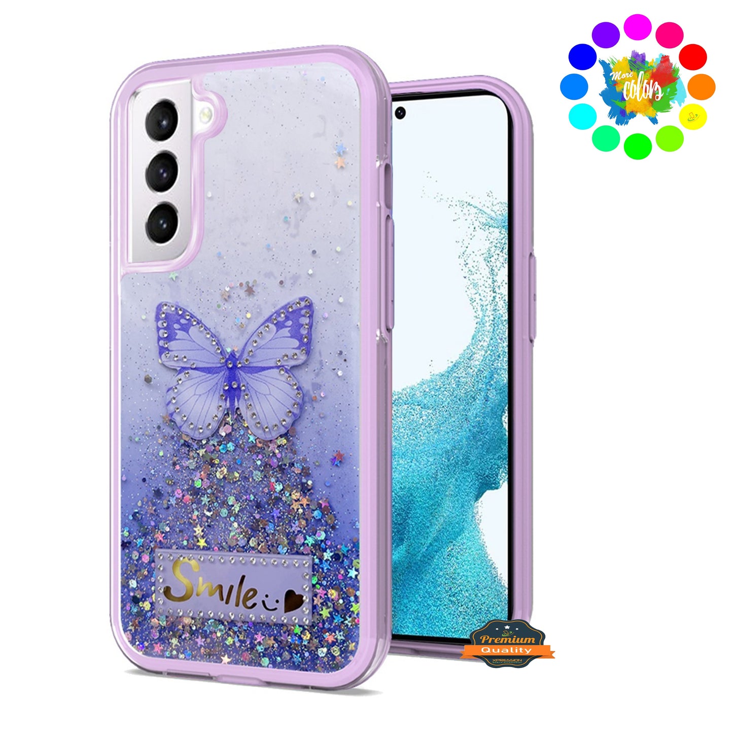 For Samsung Galaxy A13 5G Butterfly Smile Glitter Bling Sparkle Epoxy Glittering Shining Hybrid Hard PC TPU Silicone  Phone Case Cover