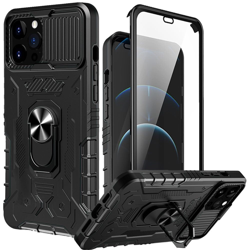 For Apple iPhone 13 Pro Max Ring Stand Cases with Slide Camera, Kickstand & Screen Protector Military Grade Shockproof  Phone Case Cover