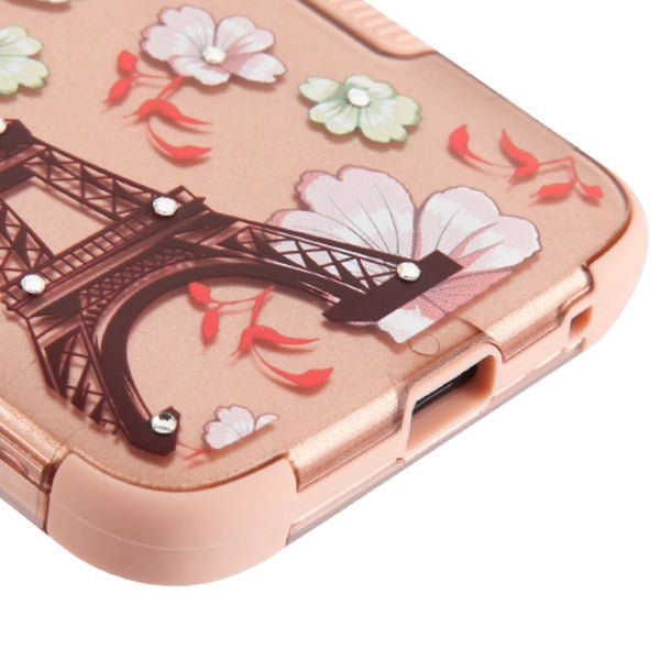 For Alcatel T-Mobile Revvlry Bling Hybrid Three Layer Hard PC Shockproof Heavy Duty TPU Rubber Anti-Drop Eiffel Tower in the Season of Blooming 2D Phone Case Cover