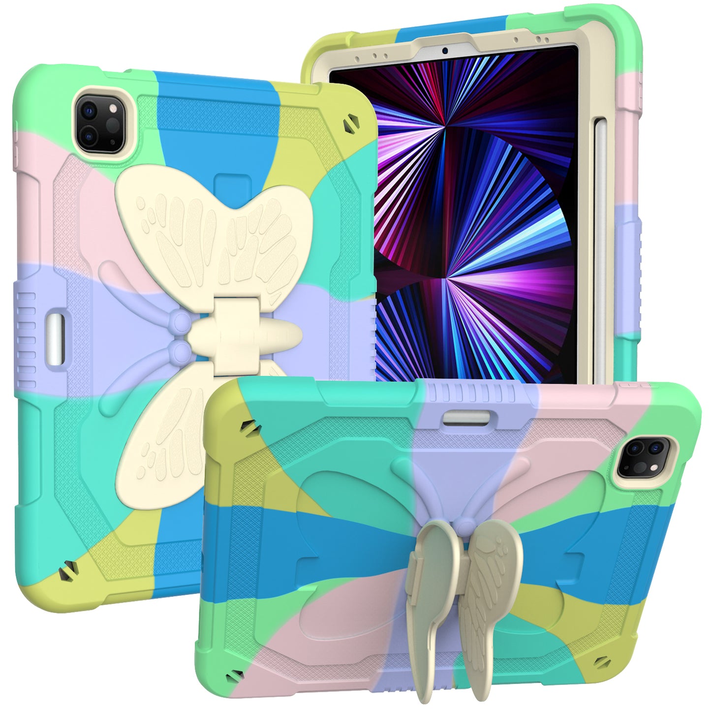 Case for Apple iPad Air 4 / iPad Air 5 / iPad Pro (11 inch) Butterfly Wings Kickstand 3in1 Tough Hybrid with Pencil Holder Heavy Duty Rugged Shockproof Full Protective Rainbow Tablet Cover