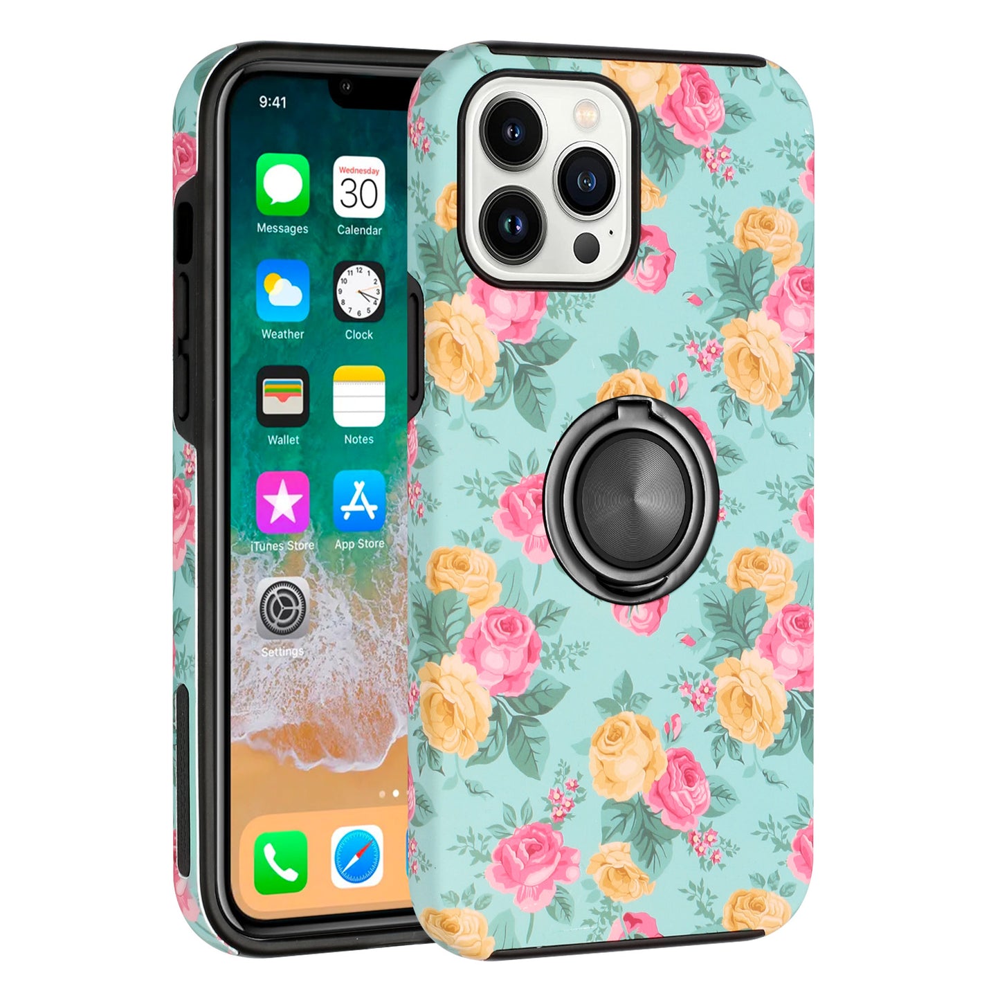 For Apple iPhone 14 /Plus Pro Max Fashion Pattern Design Magnetic Ring Stand Hybrid TPU Hard Back Shockproof  Phone Case Cover