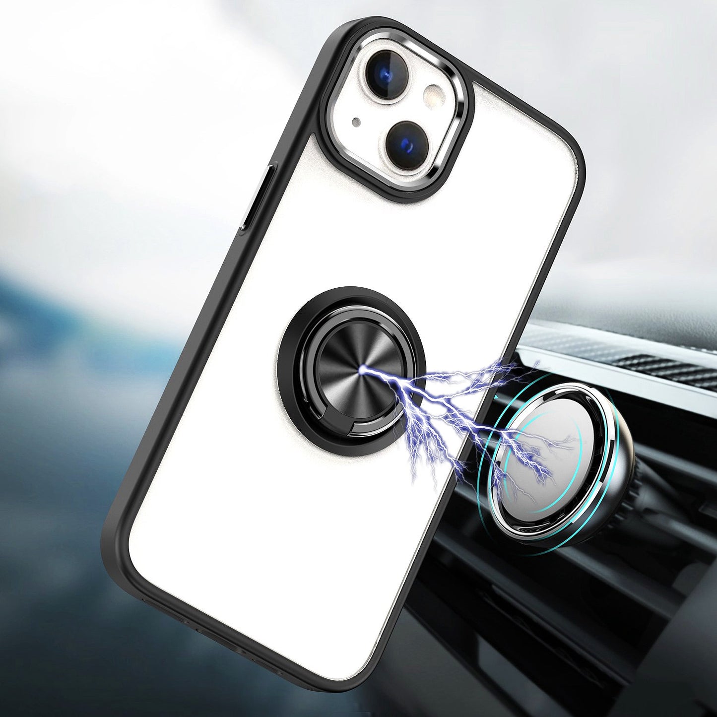 For Apple iPhone 11 (6.1") Slim Transparent Shockproof Hybrid Chromed with Magnetic Ring Stand Holder  Phone Case Cover