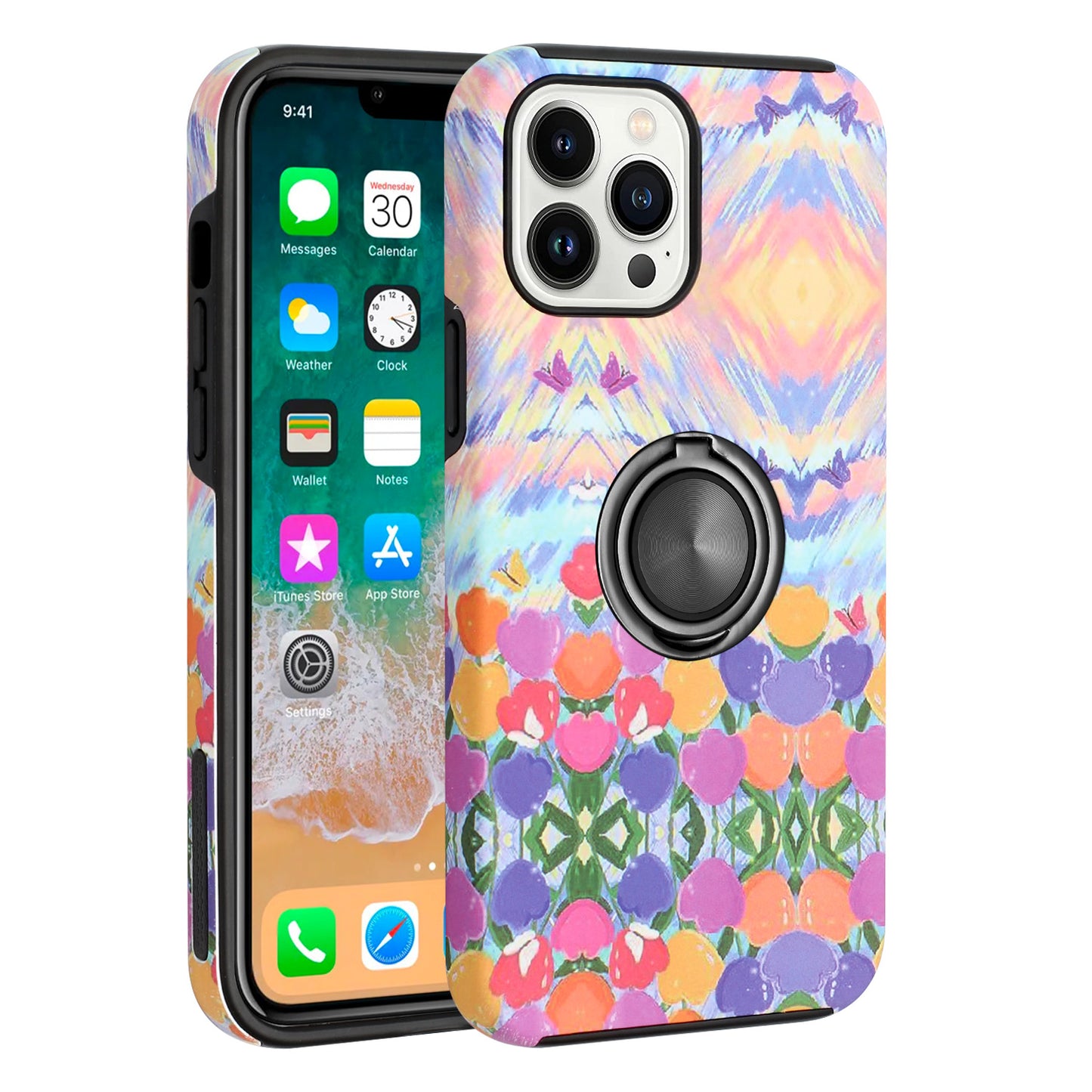 For Apple iPhone 14 /Plus Pro Max Fashion Pattern Design Magnetic Ring Stand Hybrid TPU Hard Back Shockproof  Phone Case Cover