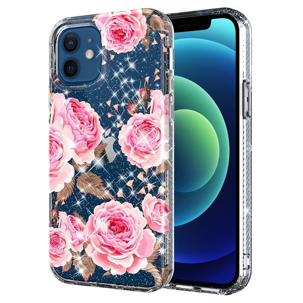 For Apple iPhone 8 /7/6s/6 /SE 2nd Generation Slim Hybrid Shiny Glitter Clear Floral Pattern Bloom Flower Design Hard PC  Phone Case Cover