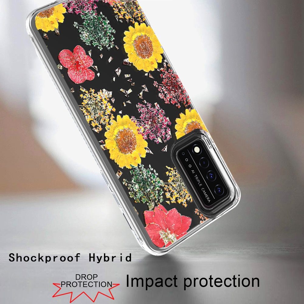 For TCL Revvl V Plus 5G (T-Mobile) Glitter Floral Print Pattern Clear Design Shockproof Hybrid Fashion Sparkle Rubber TPU  Phone Case Cover