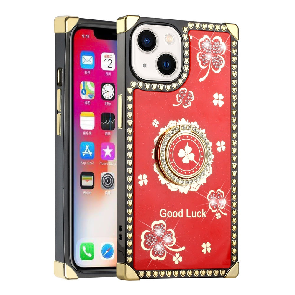 For Apple iPhone 11 (6.1") Fashion Art Square Hearts Diamond Bling Sparkly Glitter Ornaments with Ring Stand  Phone Case Cover