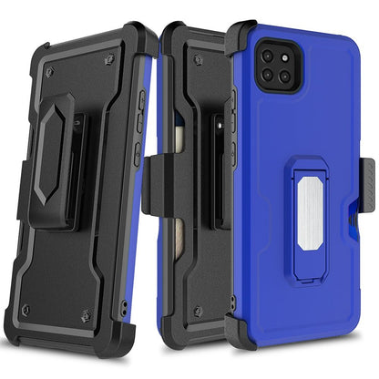 For Boost Mobile Celero 5G Armor Belt Clip with Credit Card Holder, Holster, Kickstand Protective Full Body Heavy Duty Hybrid Blue Phone Case Cover