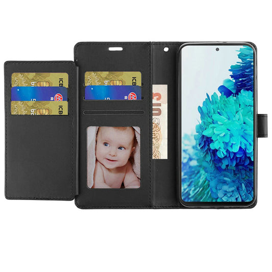 For Motorola Moto G Pure Wallet Case PU Leather Credit Card ID Pocket Cash Holder Slot Dual Flip Pouch Folio with Stand and Strap Black Phone Case Cover