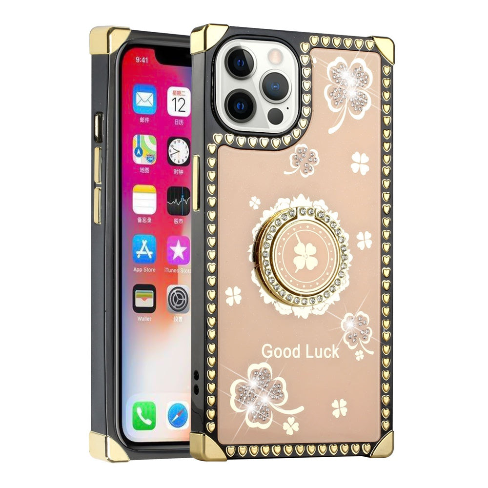 For Apple iPhone 12 /12 Pro (6.1") Fashion Square Hearts Diamond Bling Sparkly Glitter Ornaments with Ring Stand  Phone Case Cover