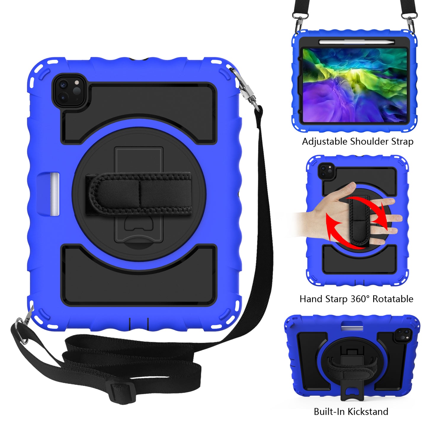 Case for Apple iPad Air 4 / iPad Air 5 / iPad Pro (11 inch) Hybrid 3in1 Armor Rugged with Built-in Kickstand 360° Rotatable Stand & Shoulder Hand Strap Corner Shockproof Blue Tablet Cover