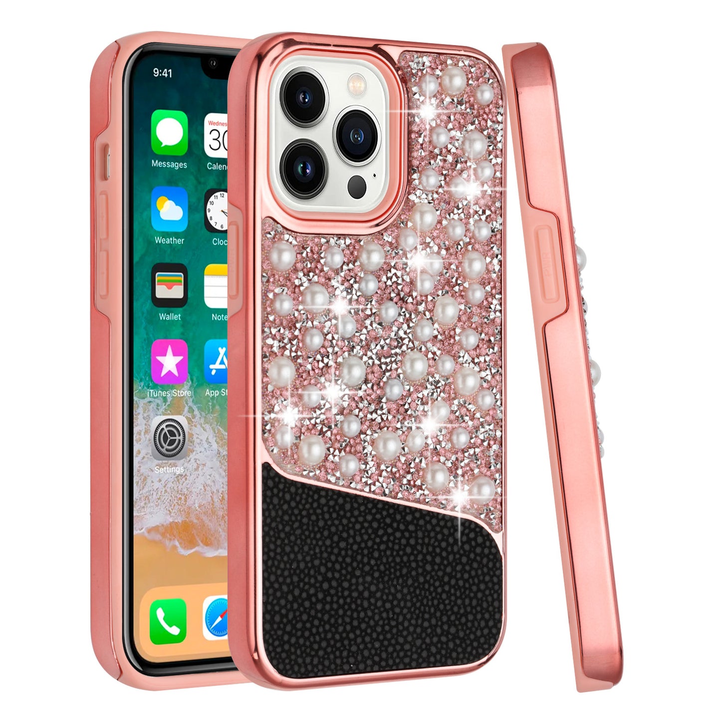 For Apple iPhone 11 (6.1") Bling Pearl Diamonds Design Glitter Hybrid Thick Hard TPU Shiny Protective Rubber Frame  Phone Case Cover