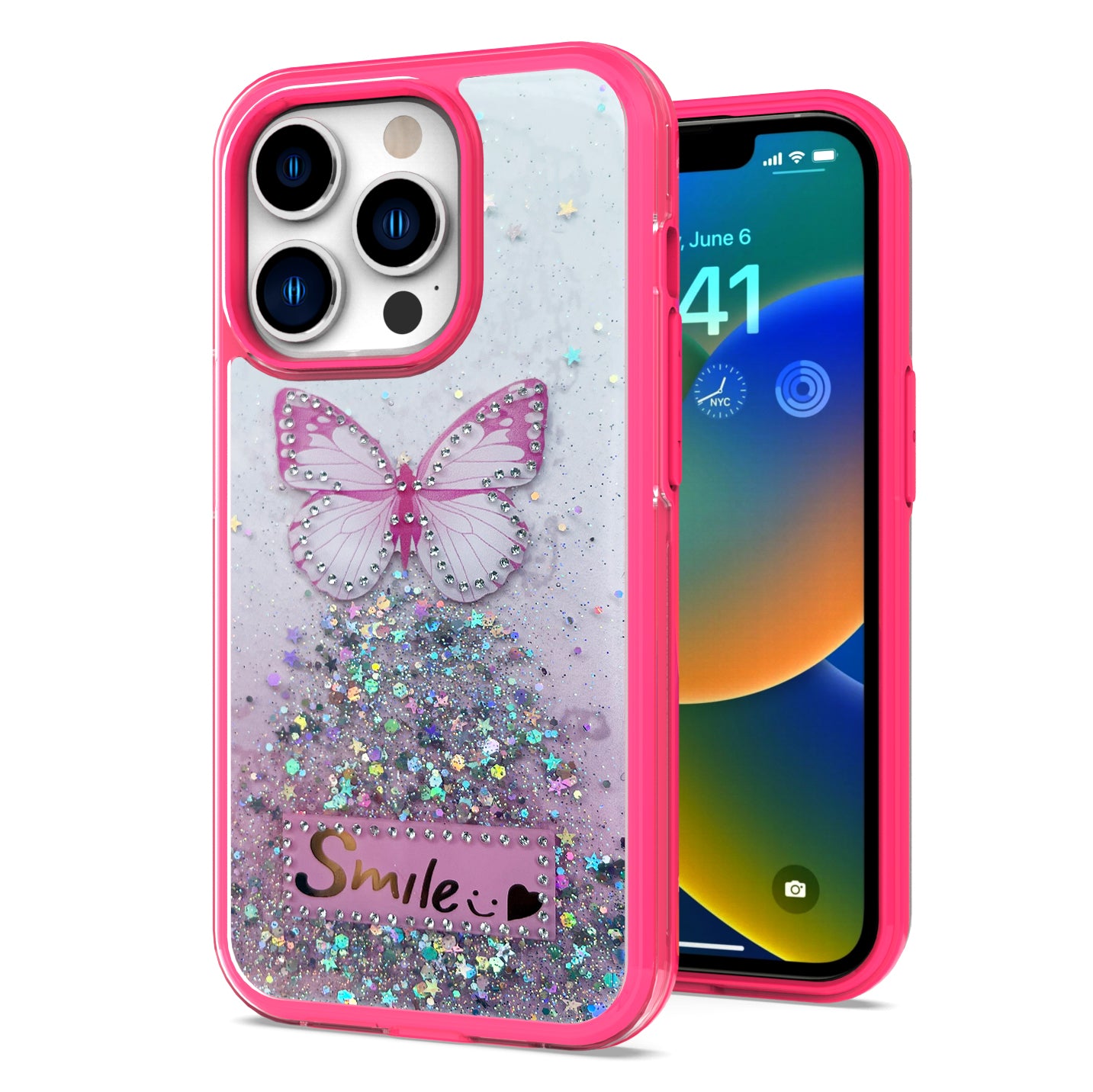 For Apple iPhone 11 (6.1") Butterfly Smile Glitter Bling Sparkle Epoxy Glittering Shining Hybrid Hard PC TPU Silicone Slim  Phone Case Cover