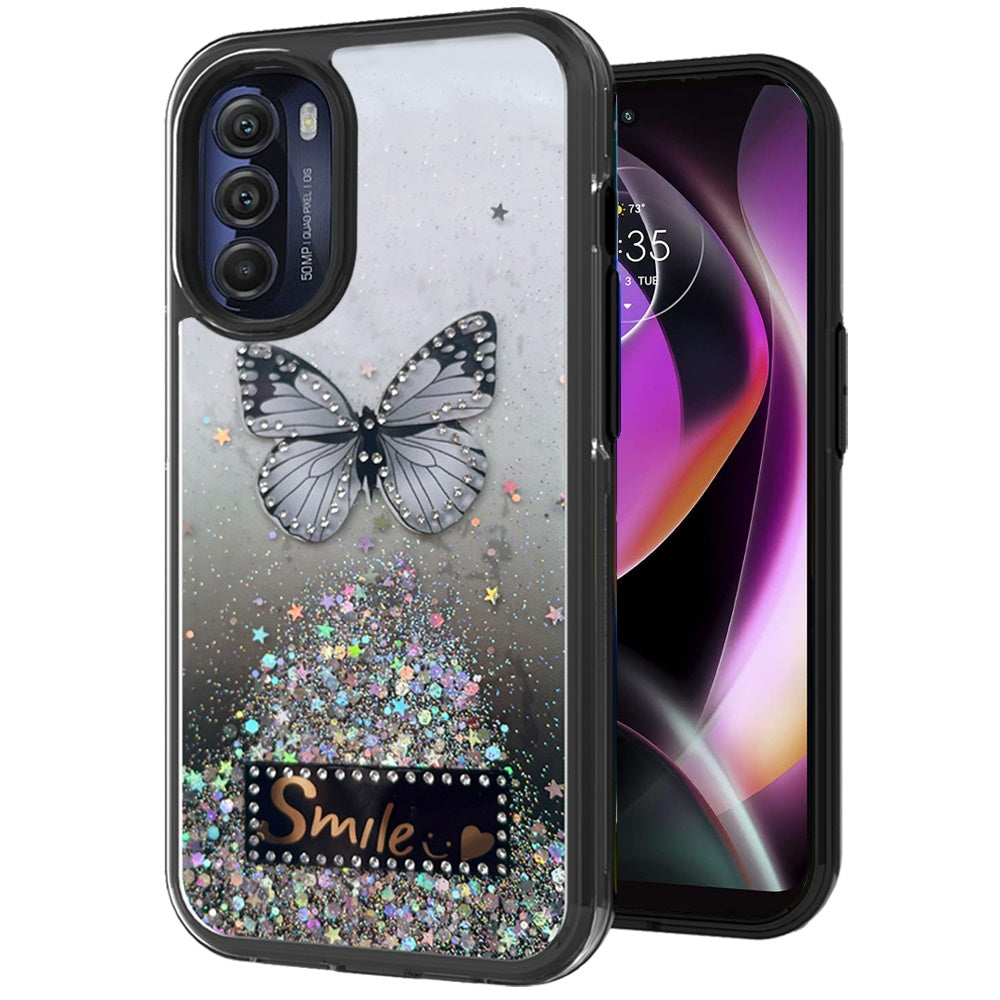 For Motorola Moto G 5G 2022 Butterfly Smile Glitter Bling Sparkle Epoxy Glittering Shining Hybrid Hard PC TPU Silicone  Phone Case Cover