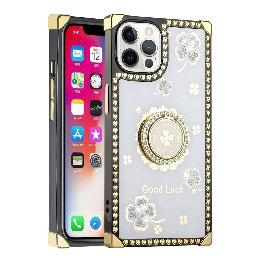 For Apple iPhone 13 (6.1") Fashion Art Square Hearts Diamond Bling Sparkly Glitter Ornaments with Ring Stand  Phone Case Cover