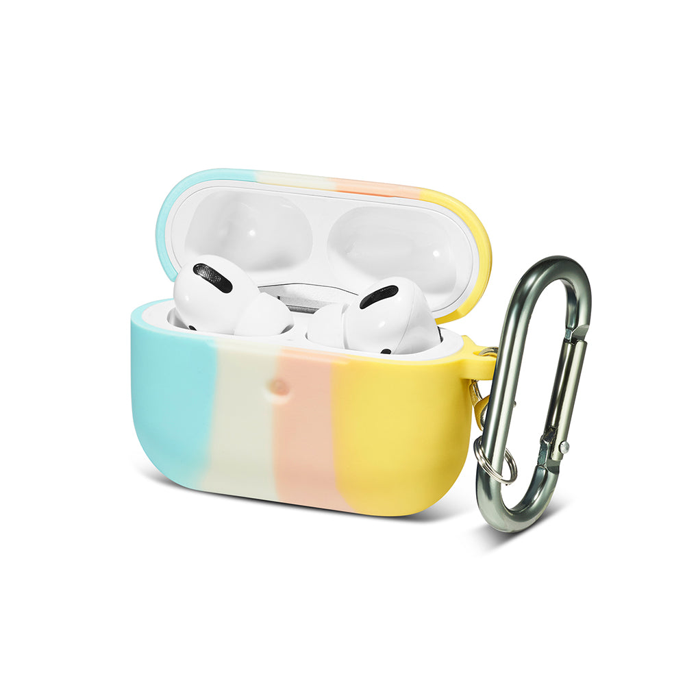 For Apple AirPods 3 (2021) Trio Colorful Block Silicone Skin Rubber TPU with Carabiner [Front LED Visible] Shock-Proof Full Protective  Phone Case Cover