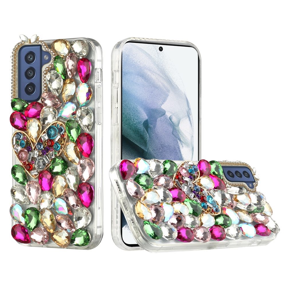 For Samsung Galaxy S21 Luxury Bling Clear Crystal 3D Full Diamonds Luxury Sparkle Rhinestone Hybrid Protective Colorful Heart Phone Case Cover