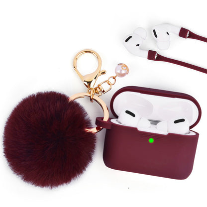 For Apple AirPods Series 3 (2021) Silicone Skin Cute Fur Ball Ornament Keychain 3 in 1 Fashion Thick TPU Gummy Luxury Soft Protective Earphone  Phone Case Cover