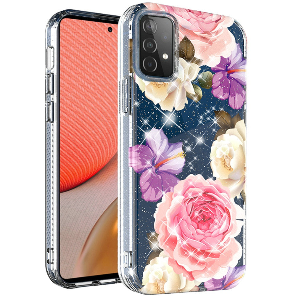 For Samsung Galaxy A72 5G Slim Hybrid Shiny Glitter Clear Floral Pattern Bloom Flower Design TPU Gel Hard PC Back  Phone Case Cover