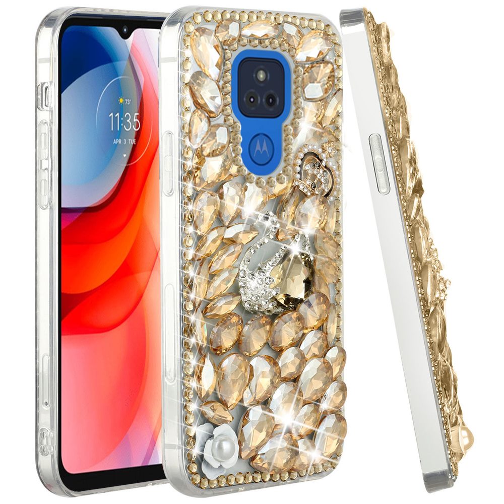 For Motorola Edge+ 2022 /Edge Plus Bling Clear Crystal 3D Full Diamonds Luxury Sparkle Rhinestone Hybrid Protective Gold Swan Crown Pearl Phone Case Cover