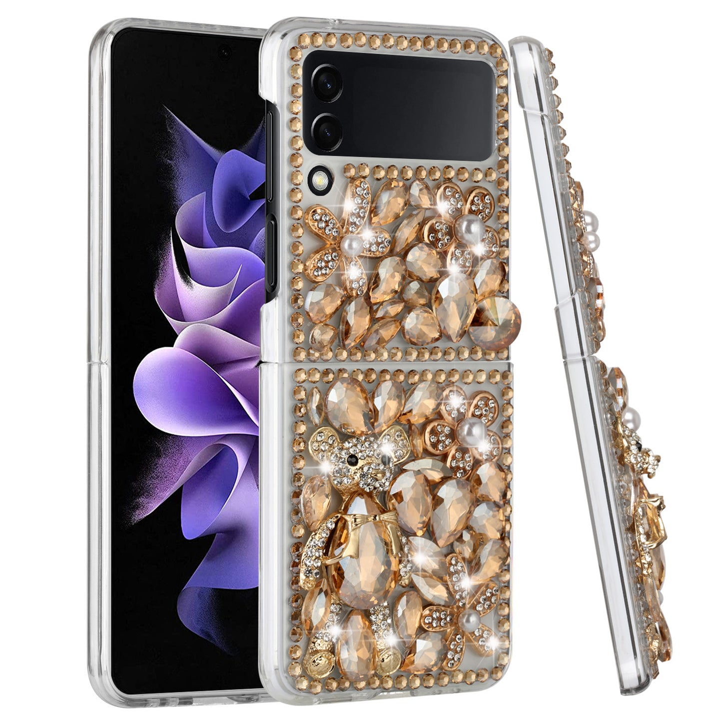 For Samsung Galaxy Z Flip 3 5G Bling Clear Crystal 3D Full Diamonds Luxury Sparkle Transparent Rhinestone Hybrid  Phone Case Cover