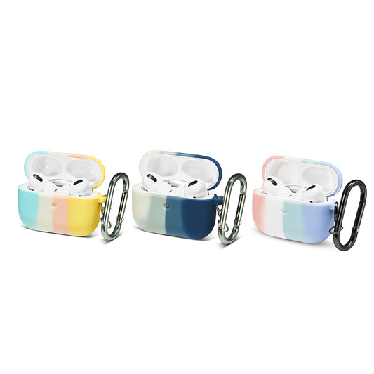 For Apple AirPods 3 (2021) Trio Colorful Block Silicone Skin Rubber TPU with Carabiner [Front LED Visible] Shock-Proof Full Protective  Phone Case Cover