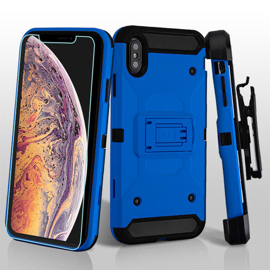 For Apple iPhone XS Max Hybrid Armor with Belt Clip Holster Kickstand with Screen Protector Hard PC Cases Shockproof Blue Phone Case Cover