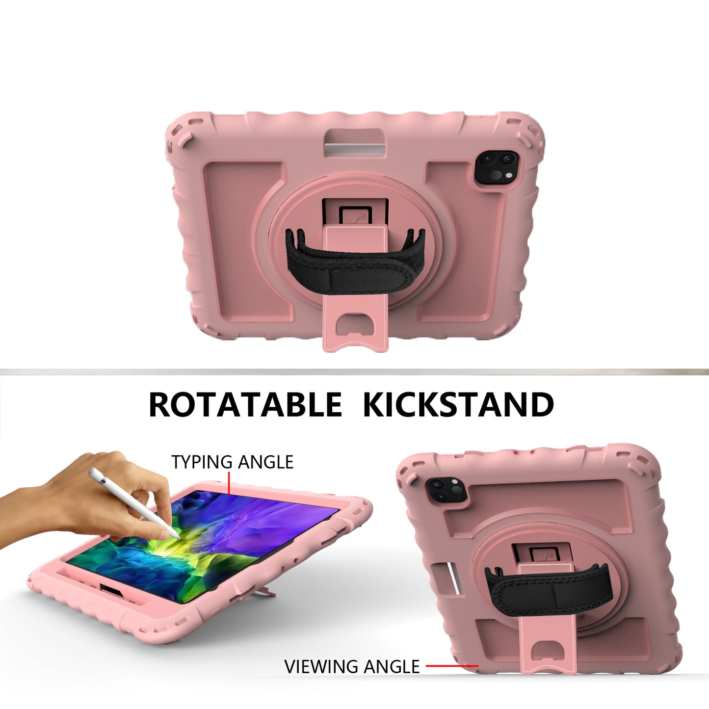 Case for Apple iPad Air 4 / iPad Air 5 / iPad Pro (11 inch) Hybrid 3in1 Armor Rugged with Built-in Kickstand 360° Rotatable Stand & Shoulder Hand Strap Corner Shockproof Rose Gold Tablet Cover