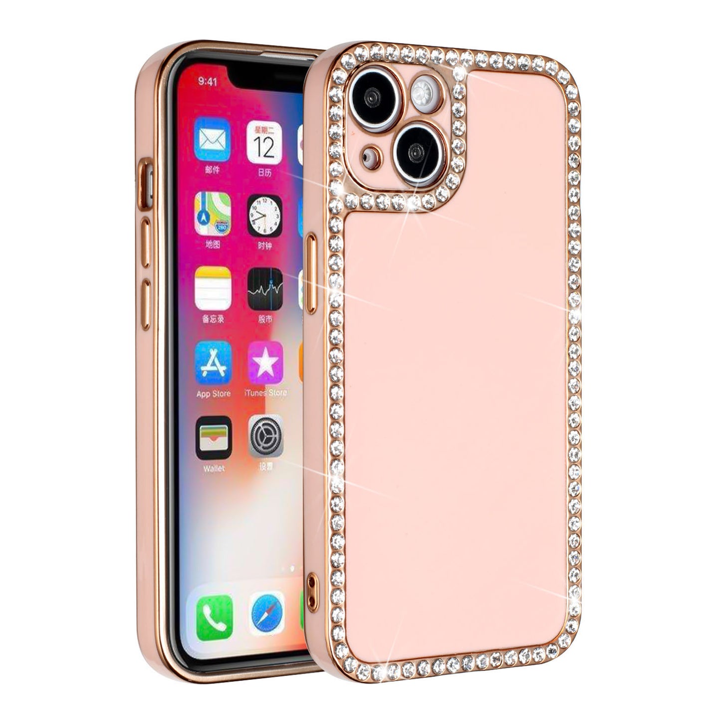 For Apple iPhone 13 /6.1" All Around 3D Diamonds Rhinestone Chrome Frame TPU Shiny Bling Glitter Protective  Phone Case Cover