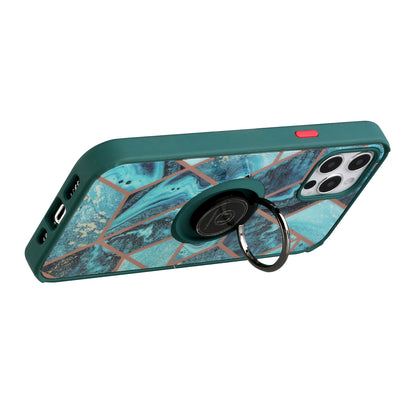 For Apple iPhone 14 (6.1") Unique Marble Design with Magnetic Ring Kickstand Holder Hybrid TPU Hard PC Shockproof  Phone Case Cover