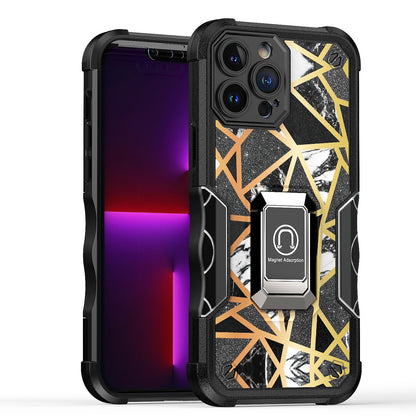 For Apple iPhone 11 (6.1") Marble IMD Stone Design Hybrid Armor with Magnetic Ring Stand Kickstand Heavy Duty Rugged  Phone Case Cover